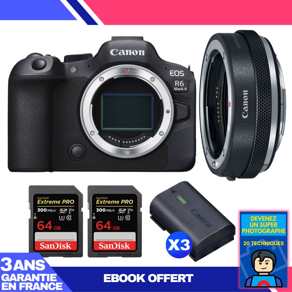 Boitier Canon EOS R6 Mark II + Canon EF EOS R Premium + 2 SanDisk Extreme PRO UHS II SDXC 300 MB/ + 3 Canon LP E6NH + Ebook 'Devenez Un Super Photographe - vue 3