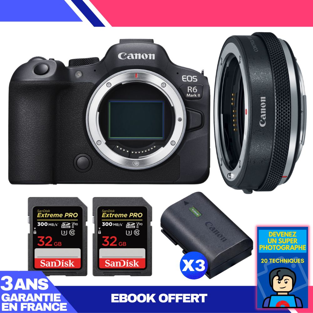 Boitier Canon EOS R6 Mark II + Canon EF EOS R Premium + 2 SanDisk Extreme PRO UHS II SDXC 300 MB/ + 3 Canon LP E6NH + Ebook 'Devenez Un Super Photographe - vue 2