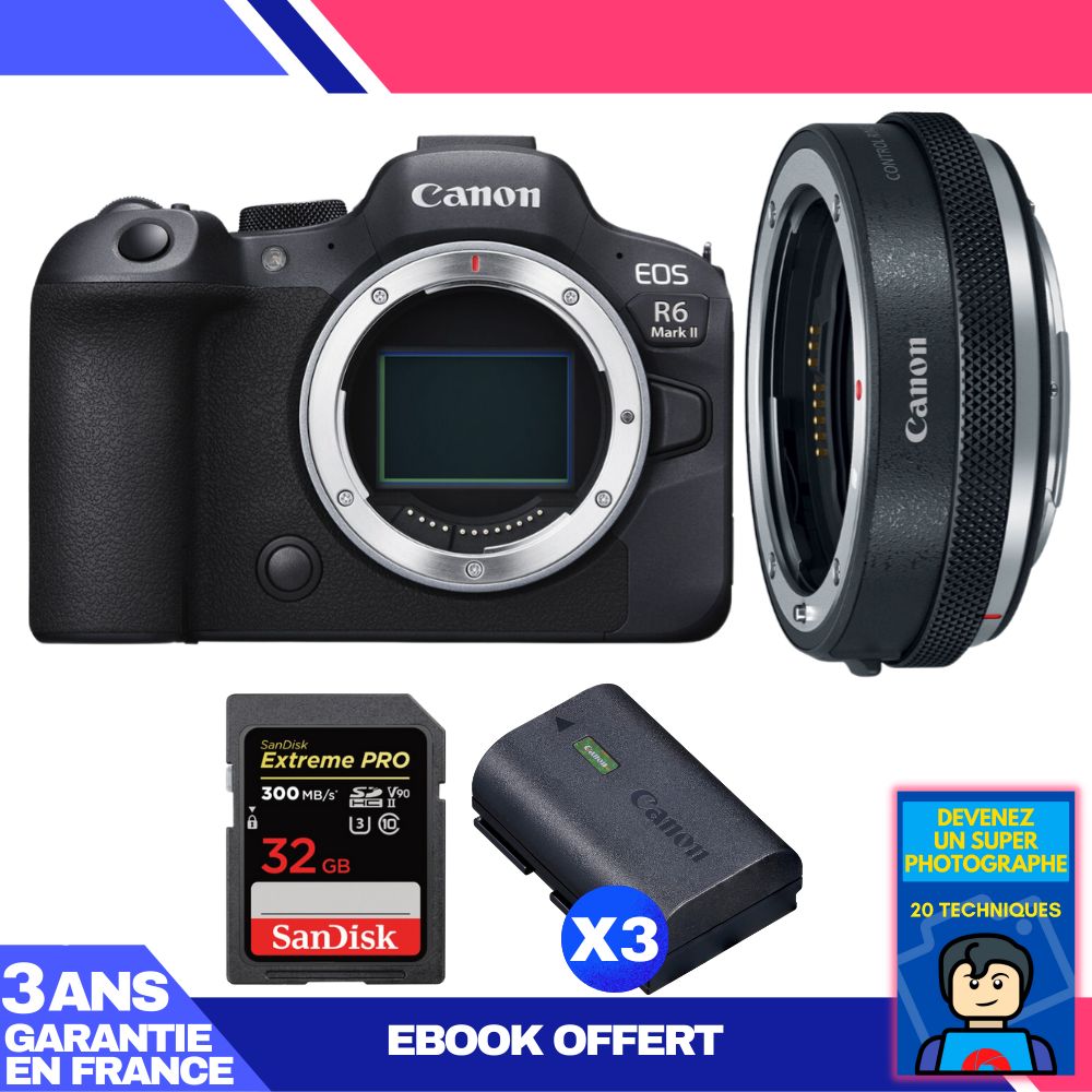 Boitier Canon EOS R6 Mark II + Canon EF EOS R Premium + 1 SanDisk Extreme PRO UHS II SDXC 300 MB/ + 3 Canon LP E6NH + Ebook 'Devenez Un Super Photographe
