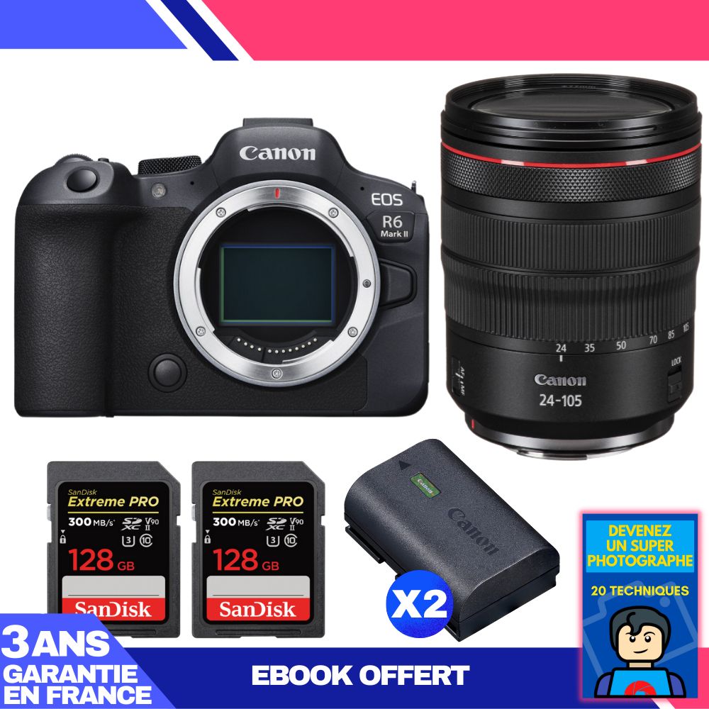 Boitier Canon EOS R6 Mark II + RF 24 105mm f4 IS USM + 2 SanDisk Extreme PRO UHS II SDXC 300 MB/ + 2 Canon LP E6NH + Ebook 'Devenez Un Super Photographe - vue 3