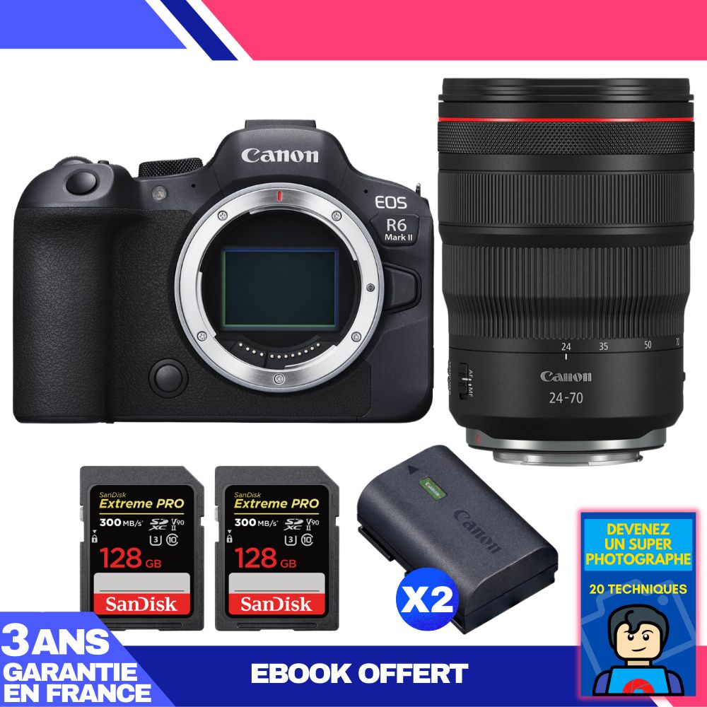 Boitier Canon EOS R6 Mark II + RF 24 70mm f2.8 IS USM + 2 SanDisk Extreme PRO UHS II SDXC 300 MB/ + 2 Canon LP E6NH + Ebook 'Devenez Un Super Photographe