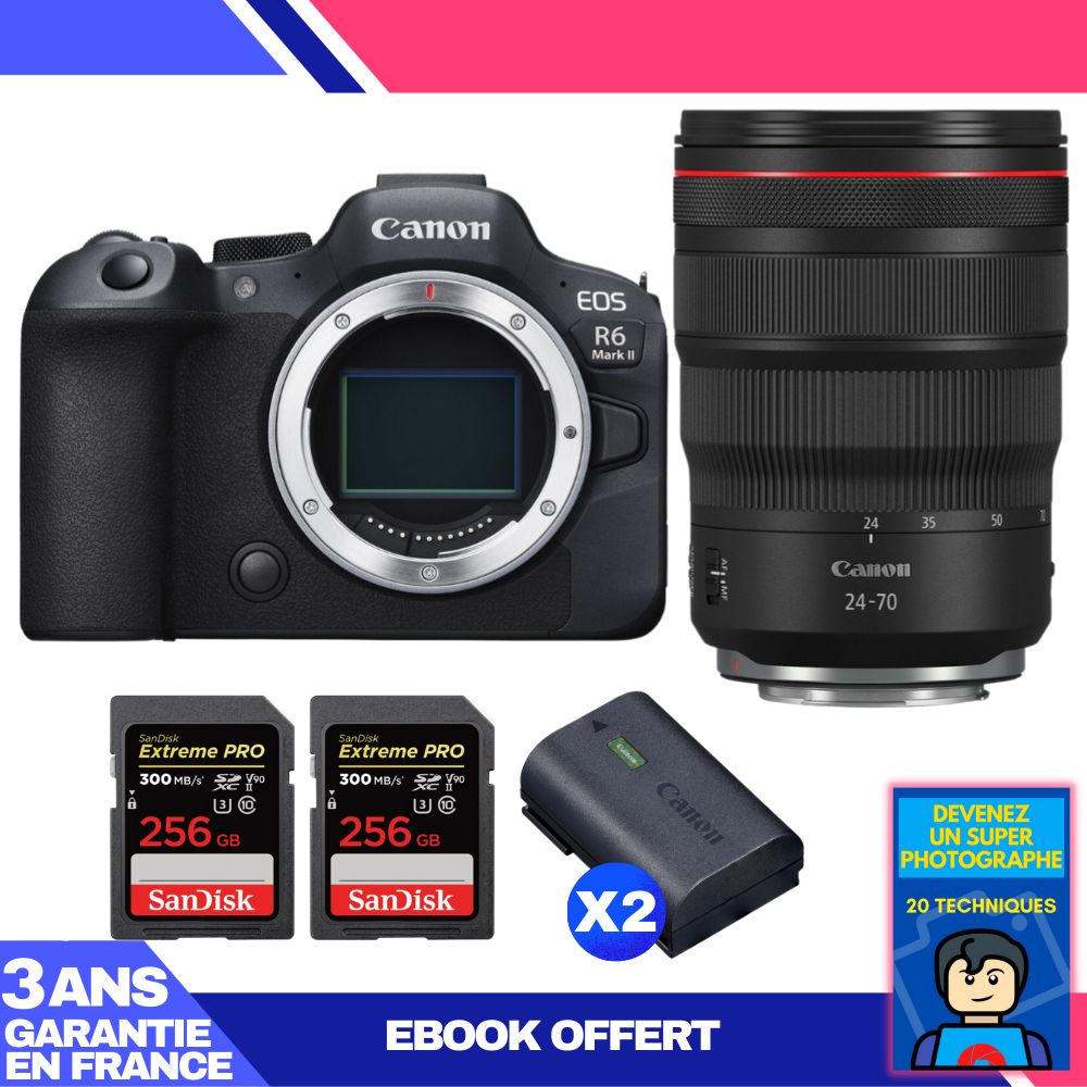 Boitier Canon EOS R6 Mark II + RF 24 70mm f2.8 IS USM + 2 SanDisk Extreme PRO UHS II SDXC 300 MB/ + 2 Canon LP E6NH + Ebook 'Devenez Un Super Photographe - vue 3