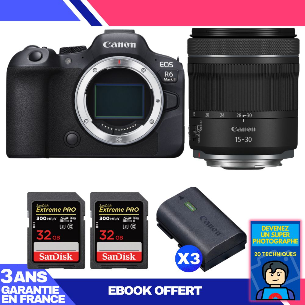 Boitier Canon EOS R6 Mark II + RF 15 30mm f4.5 6.3 IS STM + 2 SanDisk Extreme PRO UHS II SDXC 300 MB/ + 3 Canon LP E6NH + Ebook 'Devenez Un Super Photographe