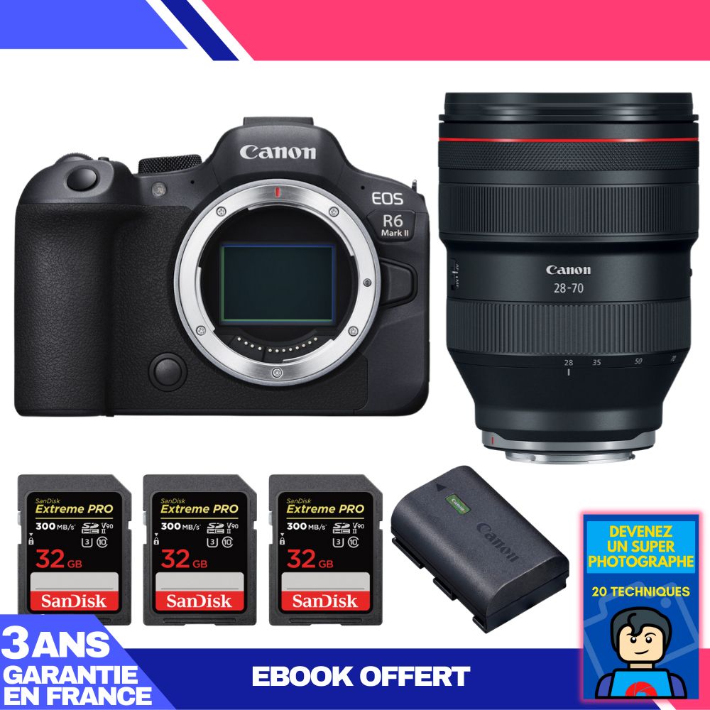 Boitier Canon EOS R6 Mark II + RF 28 70mm f2 USM + 3 SanDisk Extreme PRO UHS II SDXC 300 MB/ + 1 Canon LP E6NH + Ebook 'Devenez Un Super Photographe - vue 3