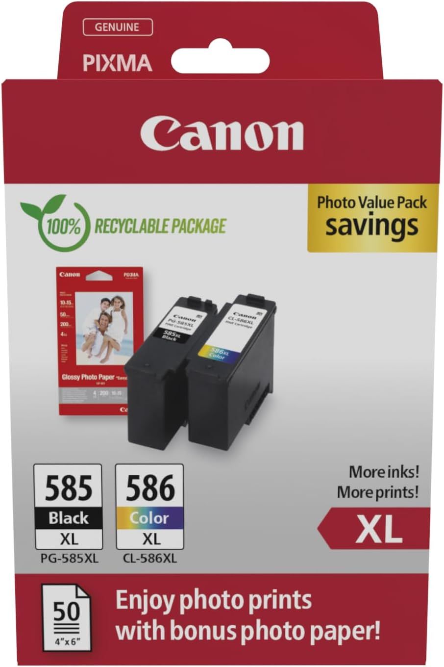 Canon PG 585XLCL 586XL Photo Value Pack Pack de 2 à rendement élevé couleur cyan jaune boîte de suspension jeu de papier / cartouche d'encre pour PIXMA TS7650i...