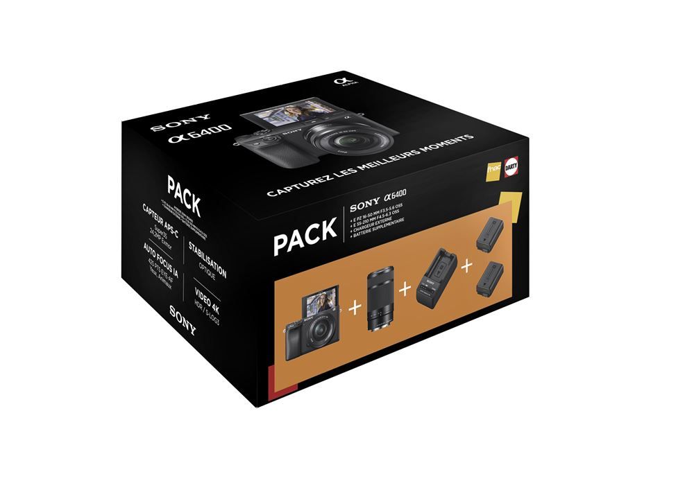 Pack Fnac Appareil photo Hybride Sony A6400 Noir + Objectif E PZ 16-50 mm f/3.5-5.6 OSS + Objectif E 55-210 mm f/4.5-6.3 OSS + chargeur externe + 2ème batterie Pack Fnac Appareil photo Hybride Sony A6400 Noir + Objectif E PZ 16-50 mm f/3.5-5.6 OSS + Objectif E 55-210 mm f/4.5-6.3 OSS + chargeur externe + 2ème batterie