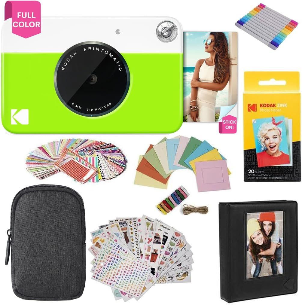 MONDODIGITALE Printomatic Instant Camera Gift Bundle + Zink Paper 20 Sheets + Deluxe Case + 7 Fun Sticker Sets + Twin Tip Markers + Photo Album + Hanging Frames.