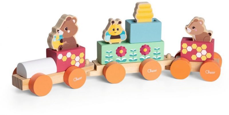 Chicco Jeu en bois Train des oursons Jeu Montessori 3 personnages exclusifs 5 blocs de couleur Train avec 3 wagons en roue libre Jeux pour filles Jouets pour enfants 2+ ans Idée cadeau