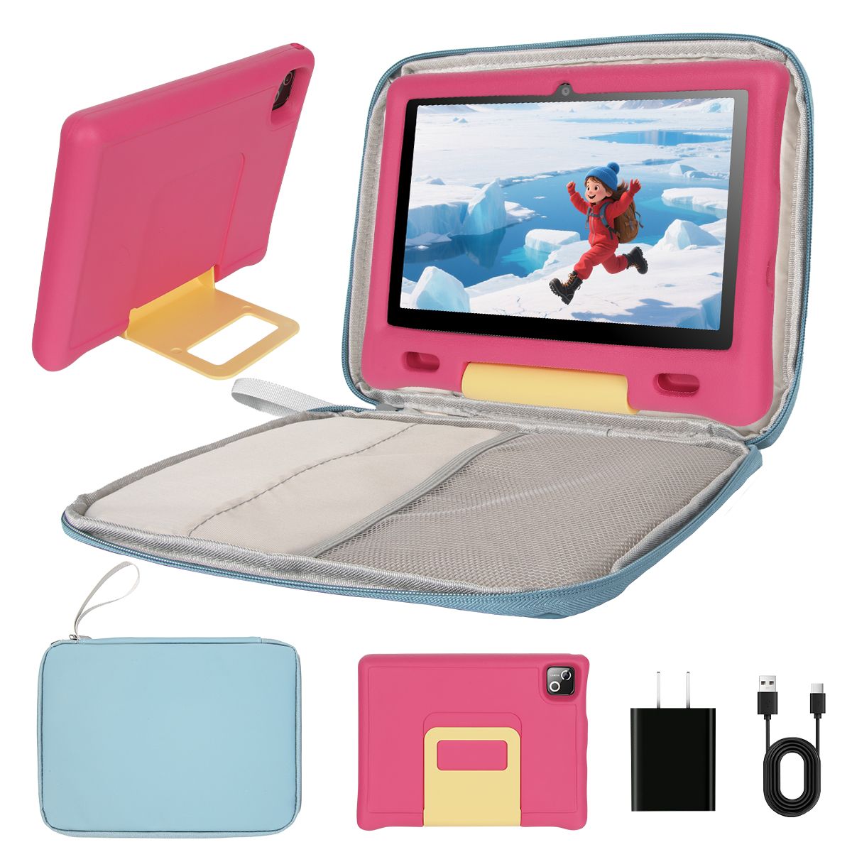 Tablette enfant 10 Pouces Android 14 + + TF écran HD 1280x800 IPS Widevine L1 5000 mAh Contrôle Parental Préinstallé KIDOZ avec Kid Proof Étui et Sac d'ordinateur