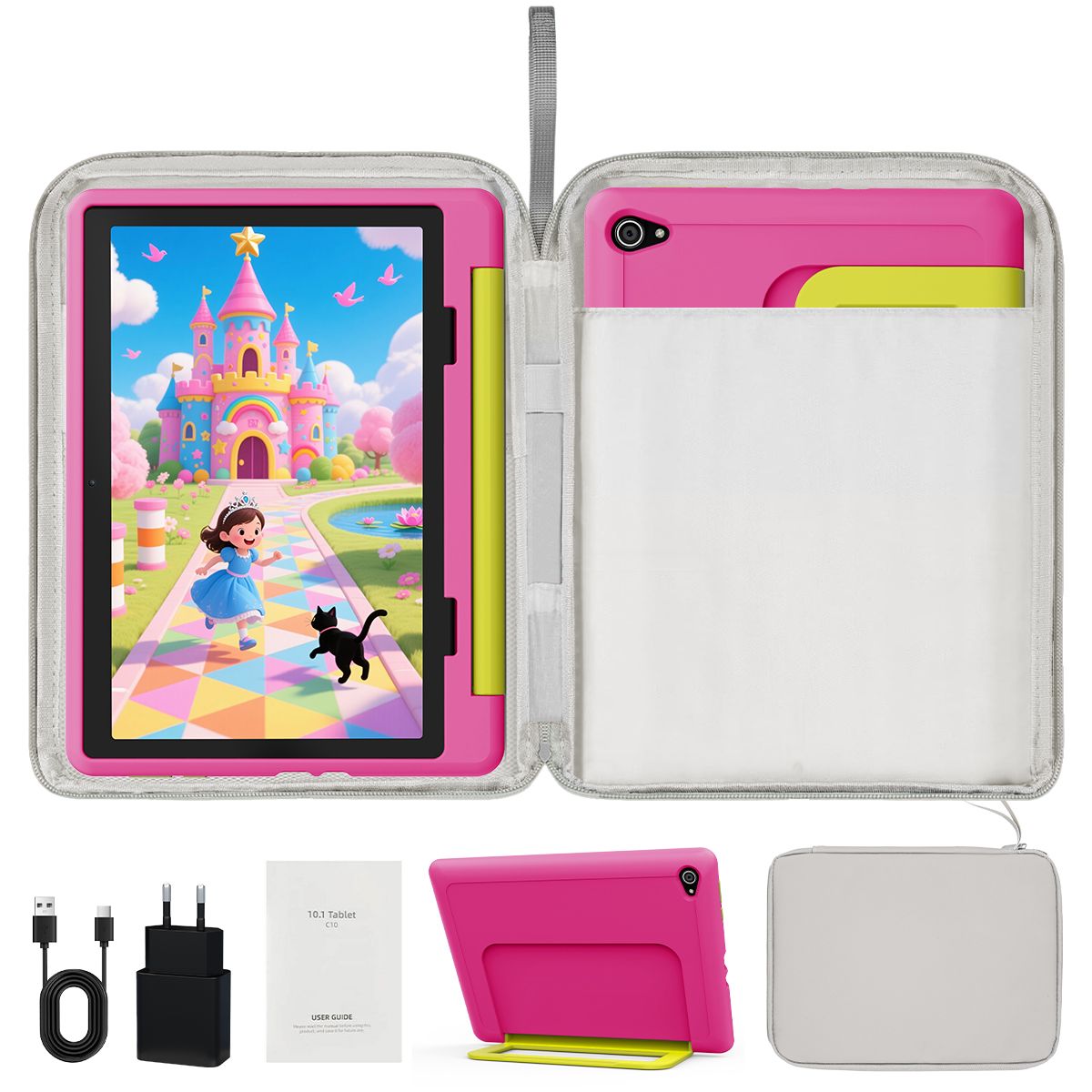 Tablette Enfant 10 Pouces 14Go + + TF 5000 mAh Écran HD 1280x800 IPS Wifi Contrôle Parental Préinstallé KIDOZ avec Kid Proof Étui et Sac d'ordinateur