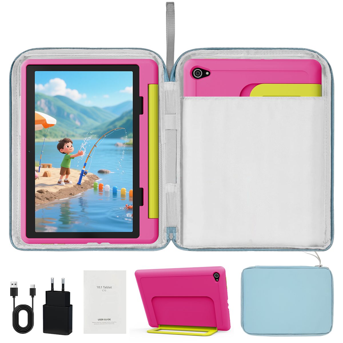 Tablette Enfant 10 Pouces 14Go + + TF 5000 mAh Écran HD 1280x800 IPS Wifi Contrôle Parental Préinstallé KIDOZ avec Kid Proof Étui et Sac d'ordinateur - vue 2