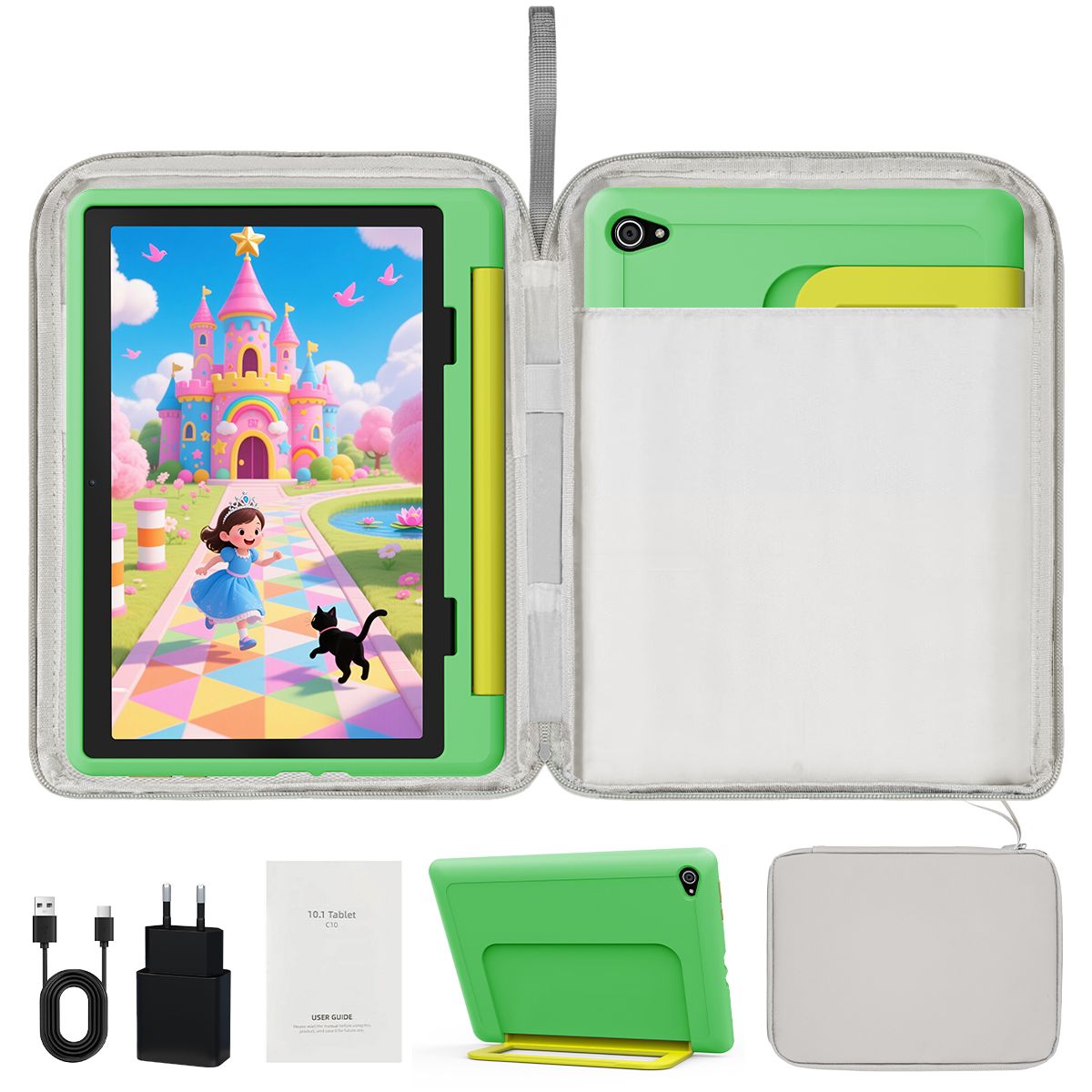 Tablette Enfant 10 Pouces 14Go + + TF 5000 mAh Écran HD 1280x800 IPS Double caméra 8MP+5MP Wifi Contrôle Parental Préinstallé KIDOZ avec Kid Proof Étui et Sac d'ordinateur