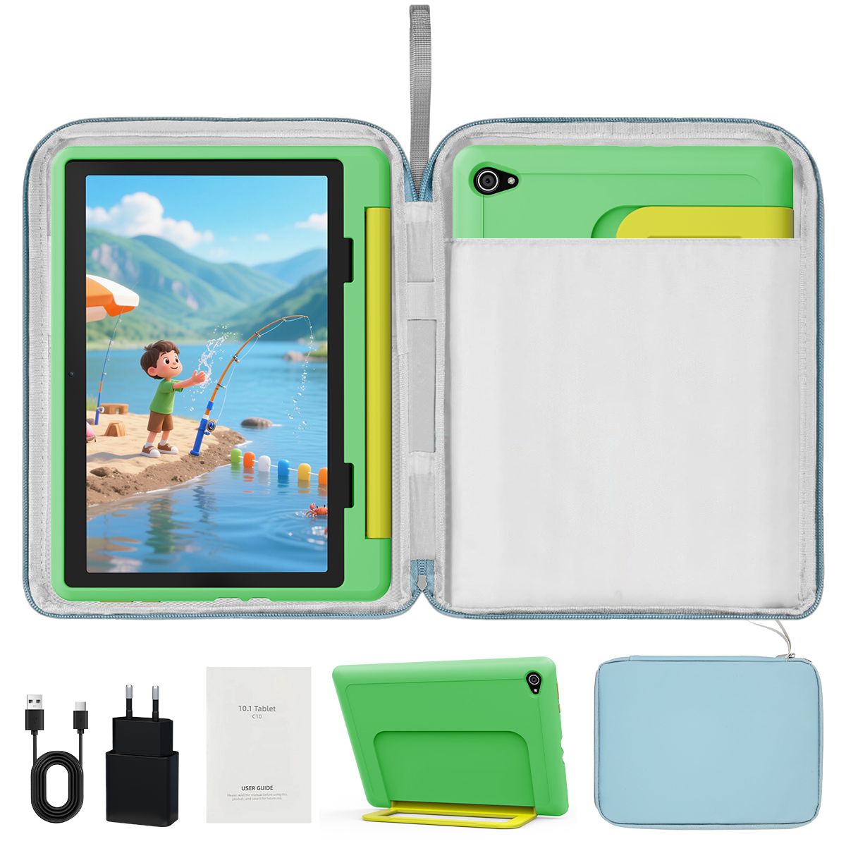 Tablette Enfant 10 Pouces 14Go + + TF 5000 mAh Écran HD 1280x800 IPS Double caméra 8MP+5MP Wifi Contrôle Parental Préinstallé KIDOZ avec Kid Proof Étui et Sac d'ordinateur - vue 3