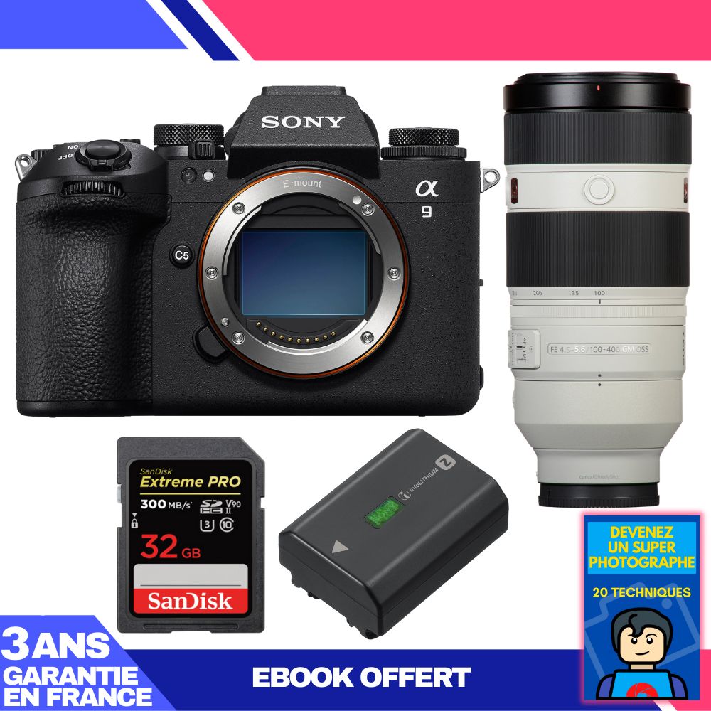 Boitier Sony A9 III + FE 100 400mm f4.5 5.6 GM OSS + 1 SanDisk Extreme PRO UHS II SDXC 300 MB/ + 1 Sony NP FZ100 + Ebook 'Devenez Un Super Photographe