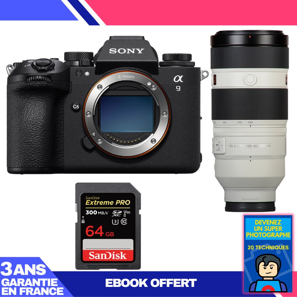 Boitier Sony A9 III + FE 100 400mm f4.5 5.6 GM OSS + 1 SanDisk Extreme PRO UHS II SDXC 300 MB/ + Ebook 'Devenez Un Super Photographe