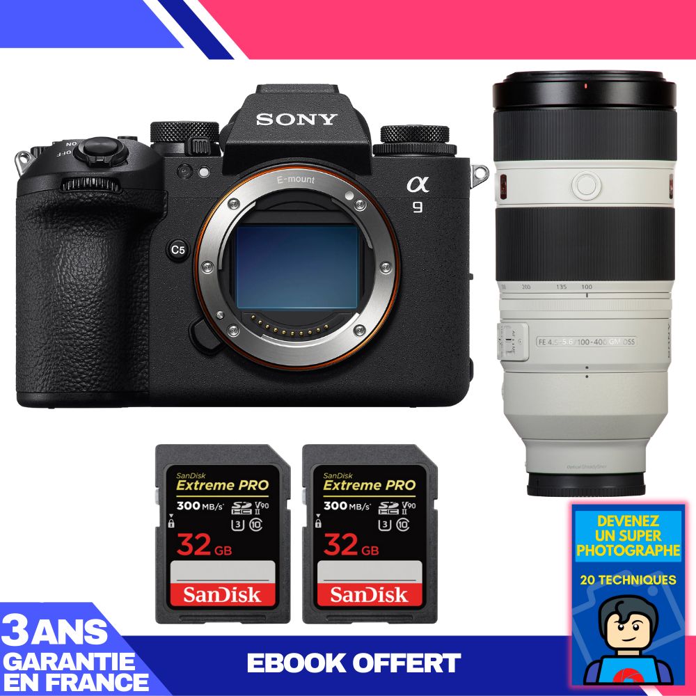 Boitier Sony A9 III + FE 100 400mm f4.5 5.6 GM OSS + 2 SanDisk Extreme PRO UHS II SDXC 300 MB/ + Ebook 'Devenez Un Super Photographe