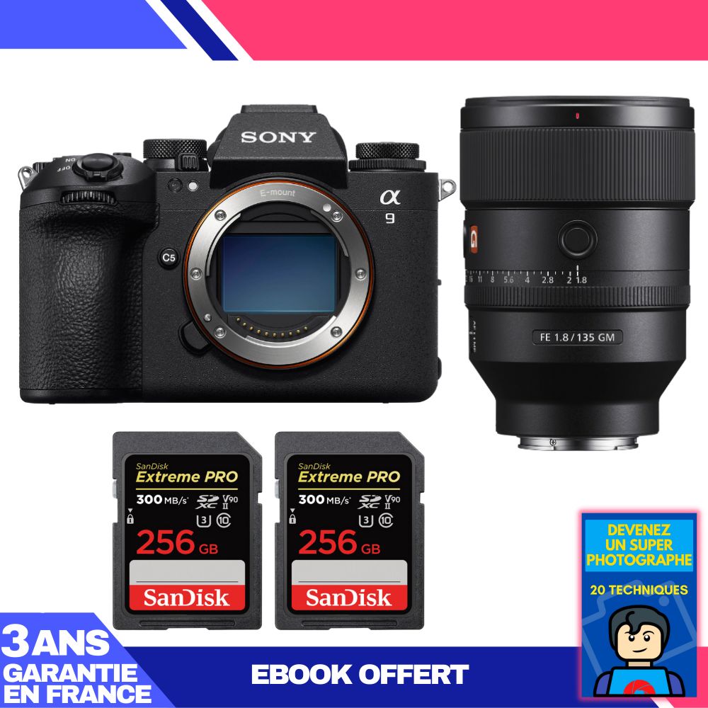 Boitier Sony A9 III + FE 135mm f1.8 GM + 2 SanDisk Extreme PRO UHS II SDXC 300 MB/ + Ebook 'Devenez Un Super Photographe