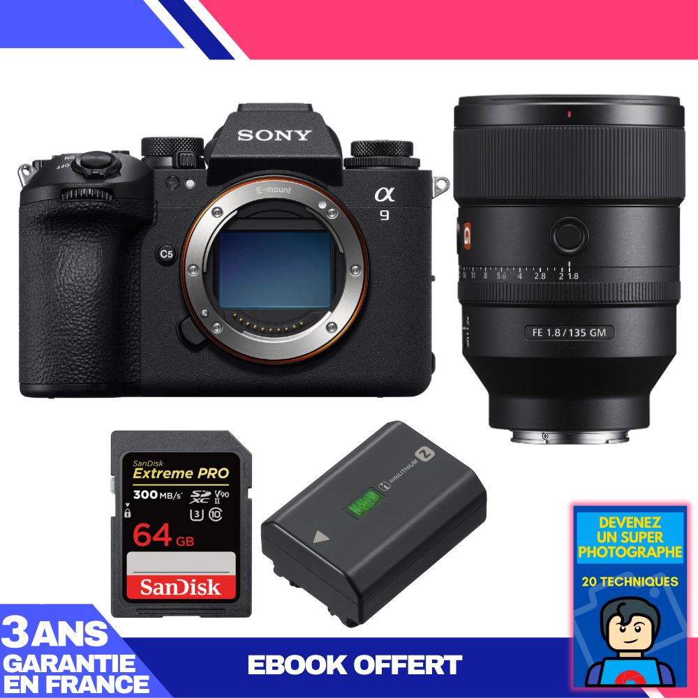 Boitier Sony A9 III + FE 135mm f1.8 GM + 1 SanDisk Extreme PRO UHS II SDXC 300 MB/ + 1 Sony NP FZ100 + Ebook 'Devenez Un Super Photographe