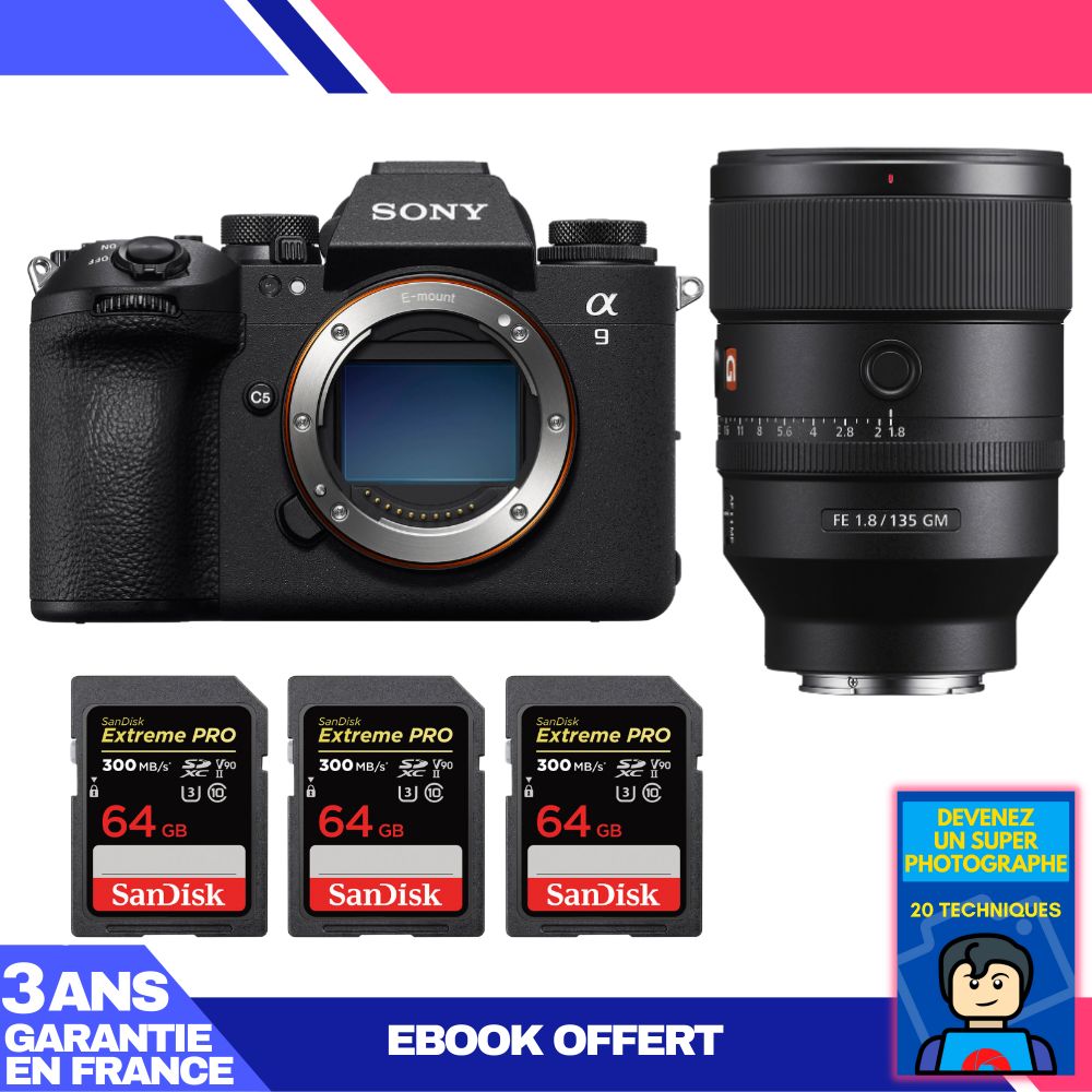 Boitier Sony A9 III + FE 135mm f1.8 GM + 3 SanDisk Extreme PRO UHS II SDXC 300 MB/ + Ebook 'Devenez Un Super Photographe
