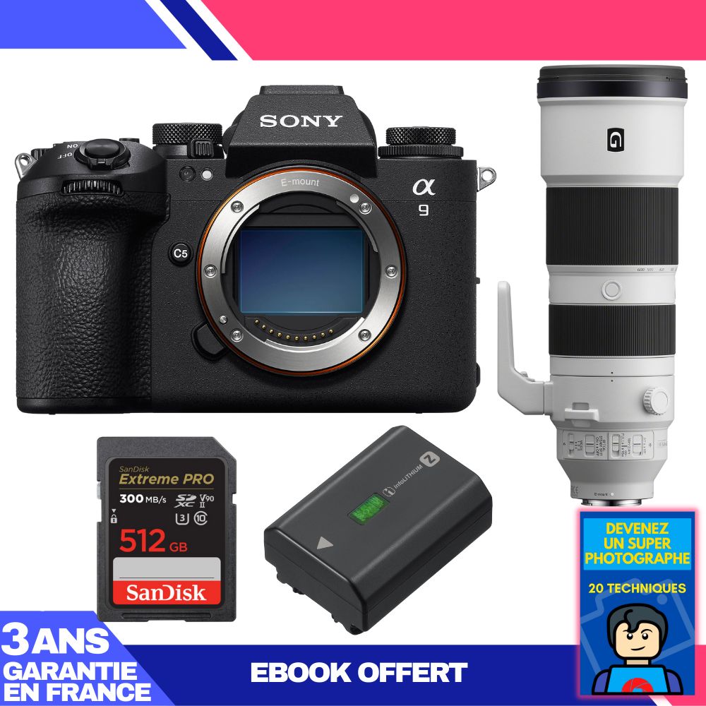 Boitier Sony A9 III + FE 200 600mm f5.6 6.3 G OSS + 1 SanDisk Extreme PRO UHS II SDXC 300 MB/ + 1 Sony NP FZ100 + Ebook 'Devenez Un Super Photographe
