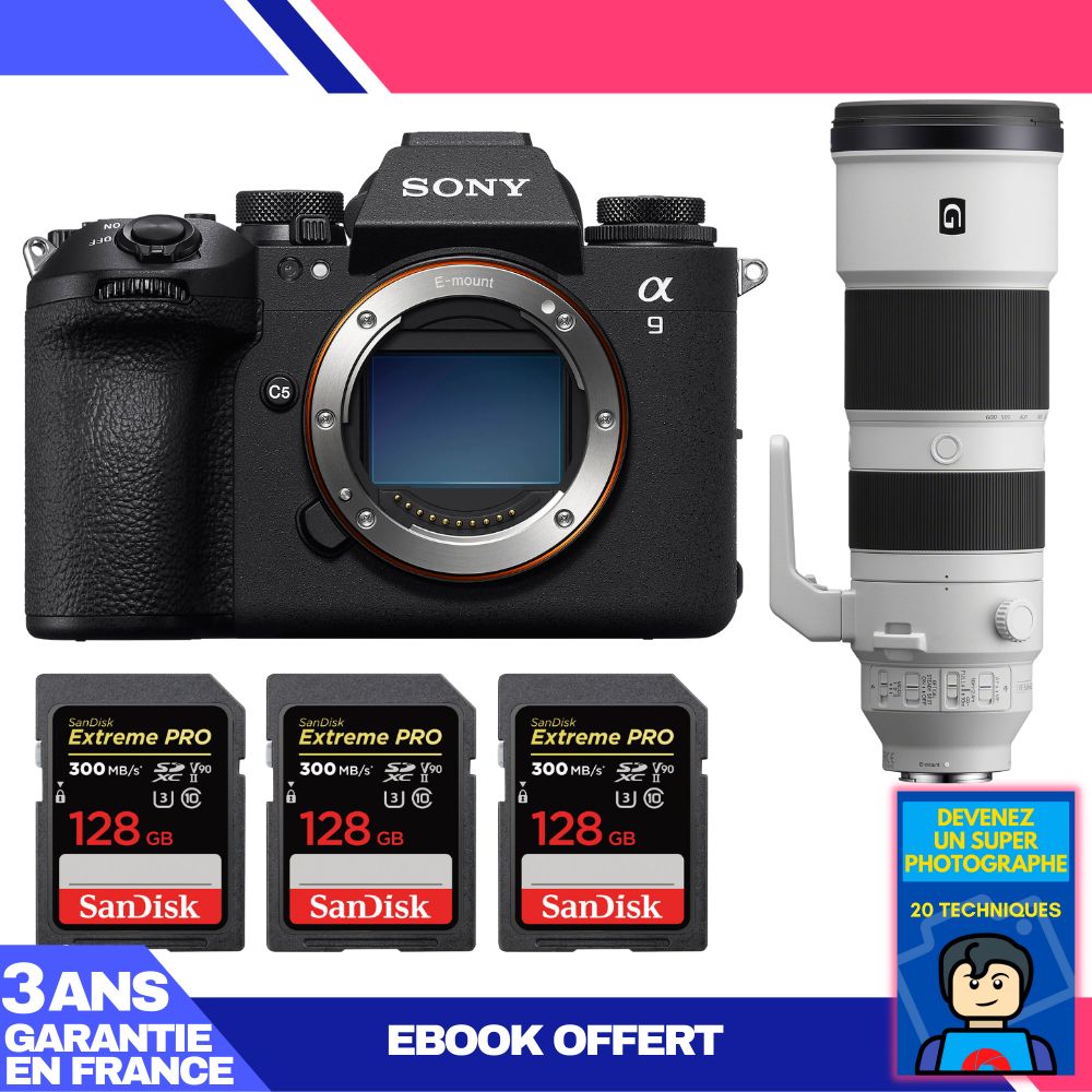 Boitier Sony A9 III + FE 200 600mm f5.6 6.3 G OSS + 3 SanDisk Extreme PRO UHS II SDXC 300 MB/ + Ebook 'Devenez Un Super Photographe
