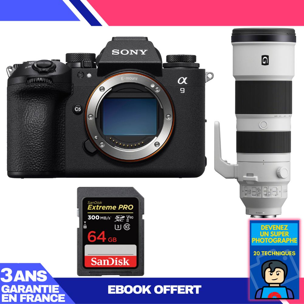 Boitier Sony A9 III + FE 200 600mm f5.6 6.3 G OSS + 1 SanDisk Extreme PRO UHS II SDXC 300 MB/ + Ebook 'Devenez Un Super Photographe