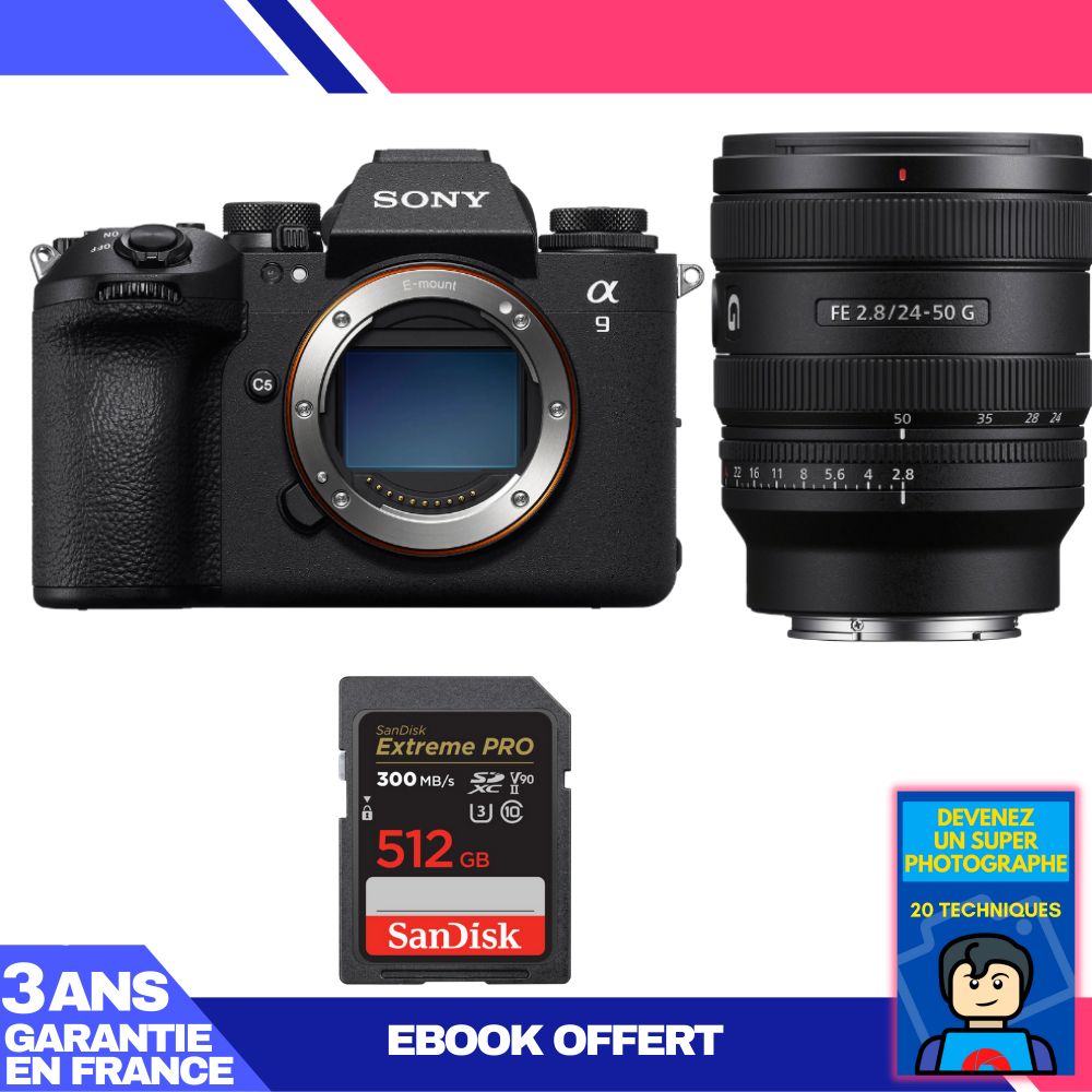 Boitier Sony A9 III + FE 24 50mm f2.8 G + 1 SanDisk Extreme PRO UHS II SDXC 300 MB/ + Ebook 'Devenez Un Super Photographe