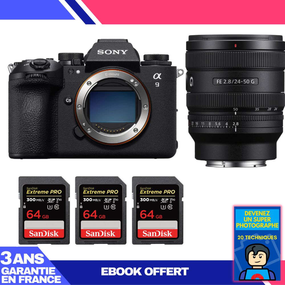 Boitier Sony A9 III + FE 24 50mm f2.8 G + 3 SanDisk Extreme PRO UHS II SDXC 300 MB/ + Ebook 'Devenez Un Super Photographe