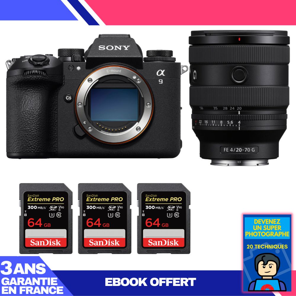 Boitier Sony A9 III + FE 20 70mm f4 G + 3 SanDisk Extreme PRO UHS II SDXC 300 MB/ + Ebook 'Devenez Un Super Photographe