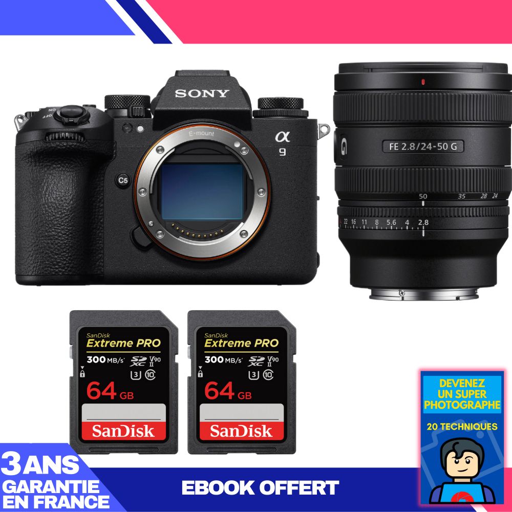 Boitier Sony A9 III + FE 24 50mm f2.8 G + 2 SanDisk Extreme PRO UHS II SDXC 300 MB/ + Ebook 'Devenez Un Super Photographe