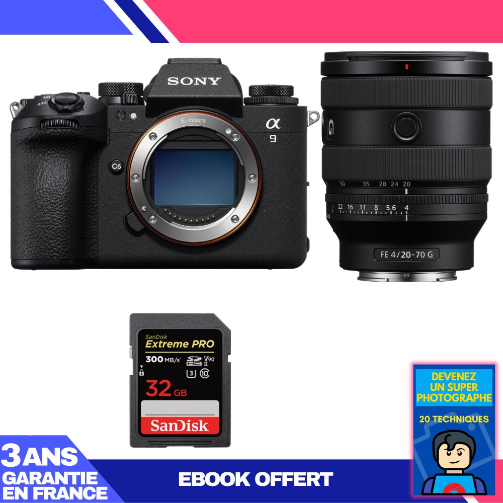 Boitier Sony A9 III + FE 20 70mm f4 G + 1 SanDisk Extreme PRO UHS II SDXC 300 MB/ + Ebook 'Devenez Un Super Photographe