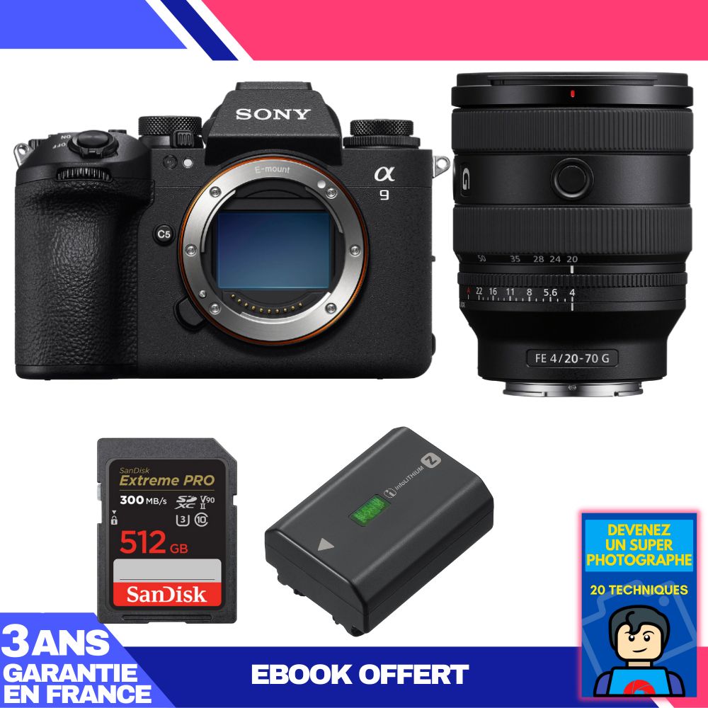 Boitier Sony A9 III + FE 20 70mm f4 G + 1 SanDisk Extreme PRO UHS II SDXC 300 MB/ + 1 Sony NP FZ100 + Ebook 'Devenez Un Super Photographe