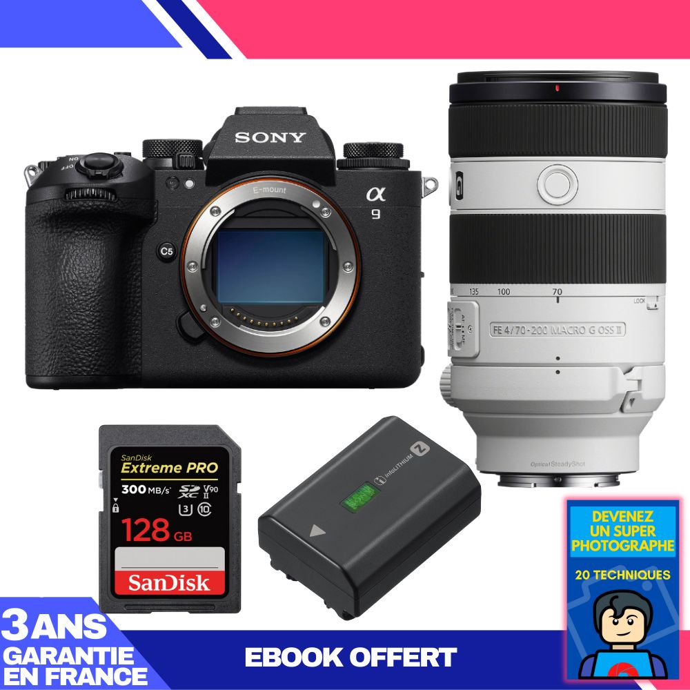 Boitier Sony A9 III + FE 70 200mm f4 Macro G OSS II + 1 SanDisk Extreme PRO UHS II SDXC 300 MB/ + 1 Sony NP FZ100 + Ebook 'Devenez Un Super Photographe - vue 2