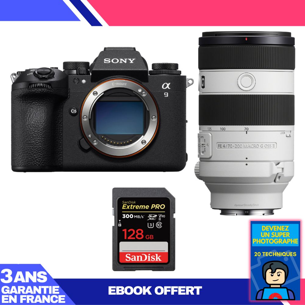 Boitier Sony A9 III + FE 70 200mm f4 Macro G OSS II + 1 SanDisk Extreme PRO UHS II SDXC 300 MB/ + Ebook 'Devenez Un Super Photographe