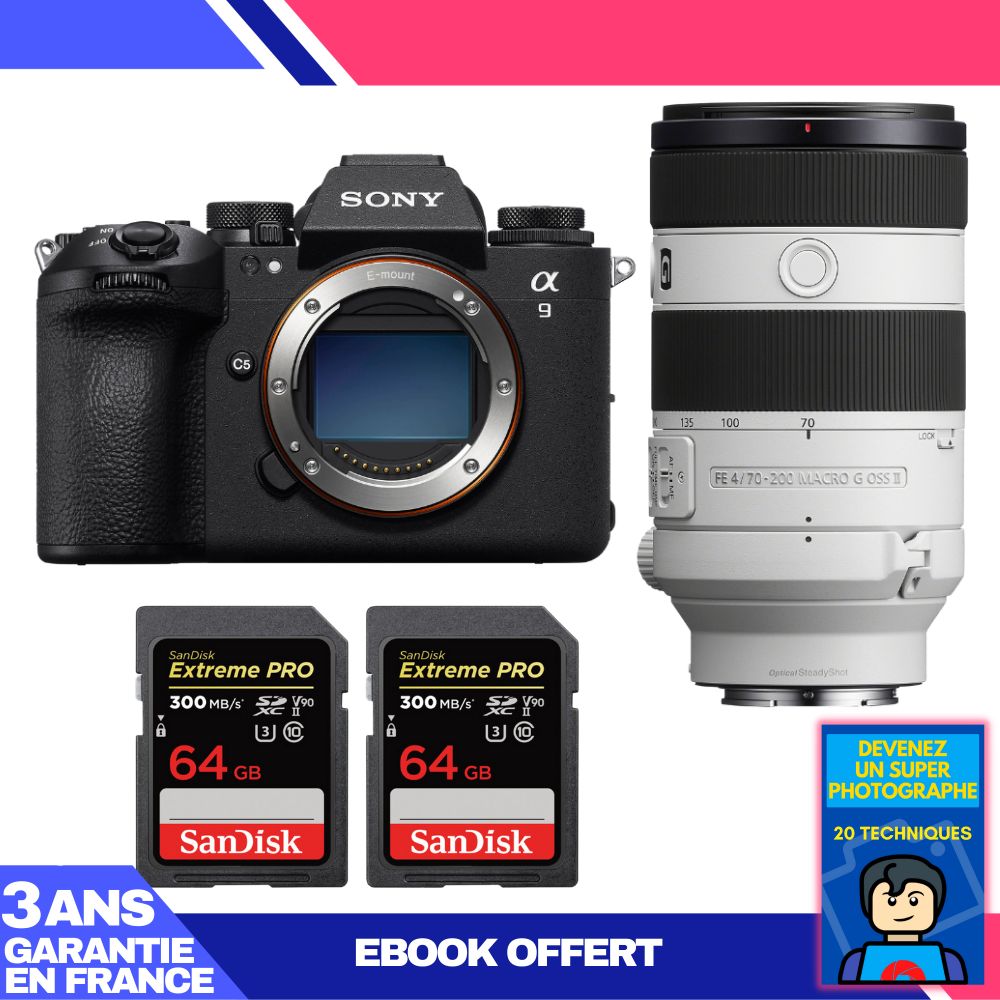 Boitier Sony A9 III + FE 70 200mm f4 Macro G OSS II + 2 SanDisk Extreme PRO UHS II SDXC 300 MB/ + Ebook 'Devenez Un Super Photographe - vue 3