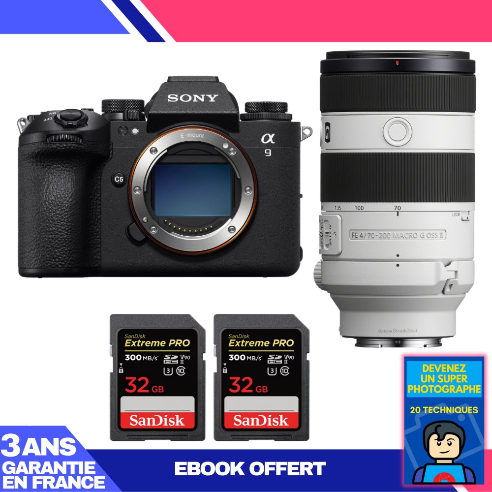 Boitier Sony A9 III + FE 70 200mm f4 Macro G OSS II + 2 SanDisk Extreme PRO UHS II SDXC 300 MB/ + Ebook 'Devenez Un Super Photographe
