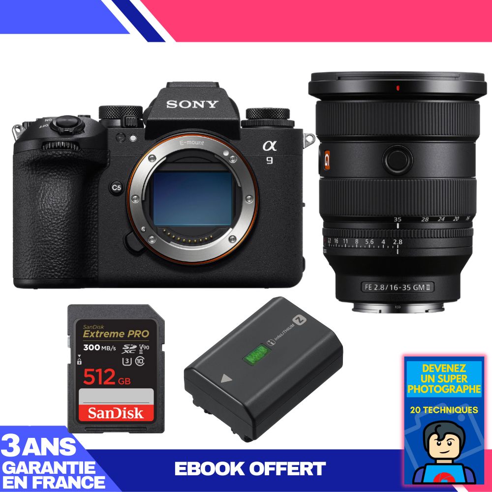 Boitier Sony A9 III + FE 16 35mm f2.8 GM II + 1 SanDisk Extreme PRO UHS II SDXC 300 MB/ + 1 Sony NP FZ100 + Ebook 'Devenez Un Super Photographe