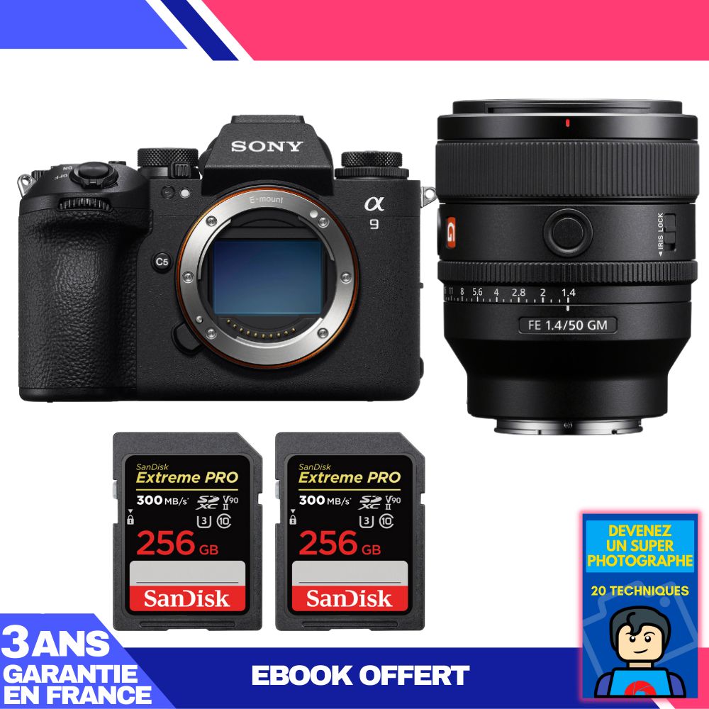 Boitier Sony A9 III + FE 50mm f1.4 GM + 2 SanDisk Extreme PRO UHS II SDXC 300 MB/ + Ebook 'Devenez Un Super Photographe