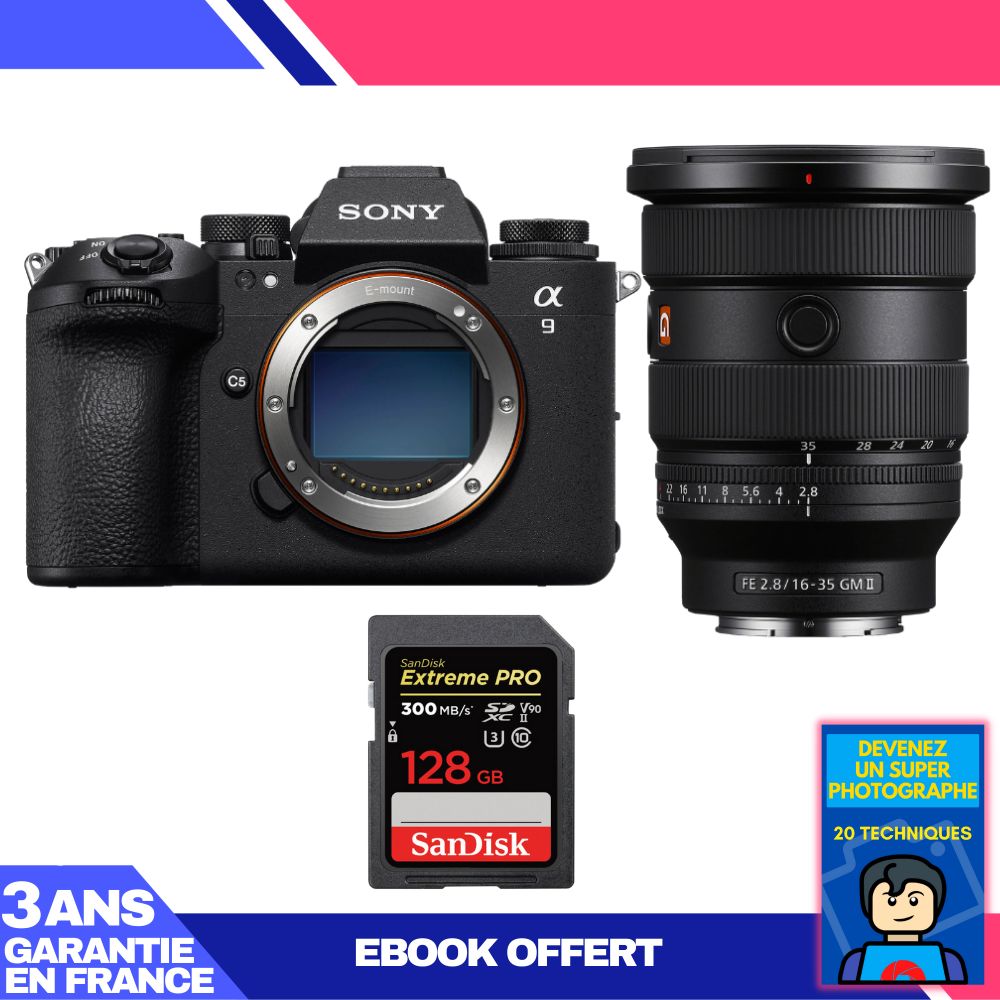 Boitier Sony A9 III + FE 16 35mm f2.8 GM II + 1 SanDisk Extreme PRO UHS II SDXC 300 MB/ + Ebook 'Devenez Un Super Photographe