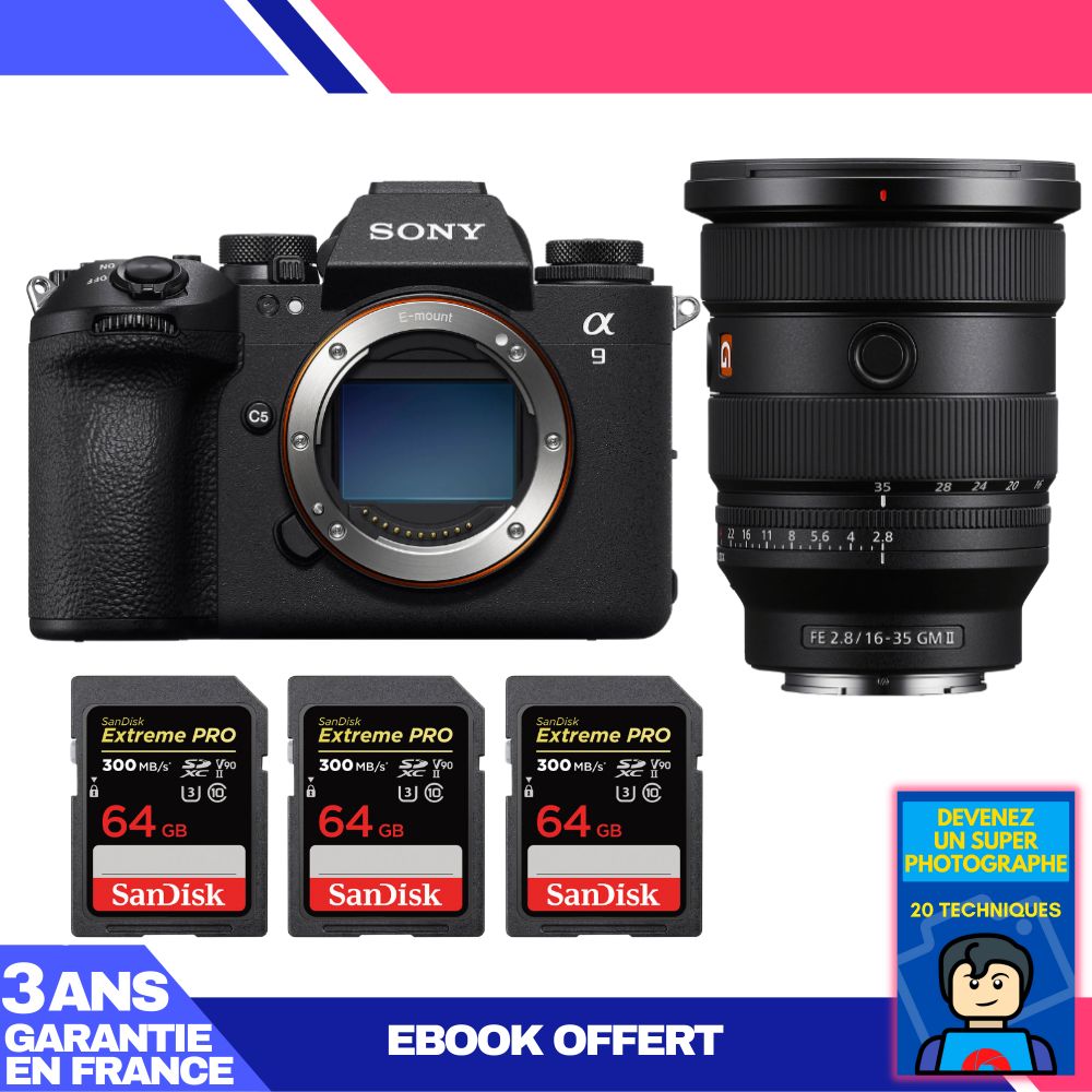 Boitier Sony A9 III + FE 16 35mm f2.8 GM II + 3 SanDisk Extreme PRO UHS II SDXC 300 MB/ + Ebook 'Devenez Un Super Photographe