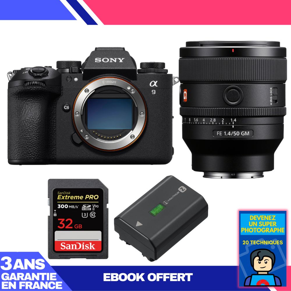 Boitier Sony A9 III + FE 50mm f1.4 GM + 1 SanDisk Extreme PRO UHS II SDXC 300 MB/ + 1 Sony NP FZ100 + Ebook 'Devenez Un Super Photographe - vue 3