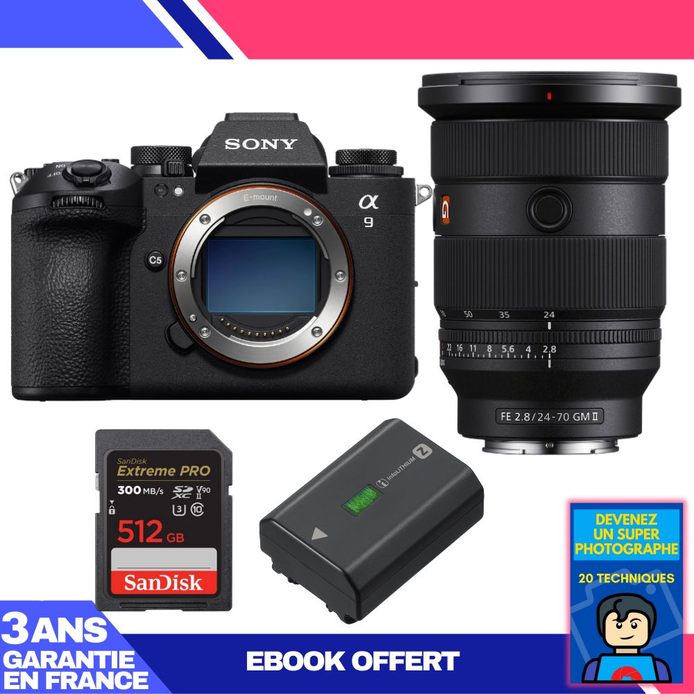 Boitier Sony A9 III + FE 24 70mm f2.8 GM II + 1 SanDisk Extreme PRO UHS II SDXC 300 MB/ + 1 Sony NP FZ100 + Ebook 'Devenez Un Super Photographe