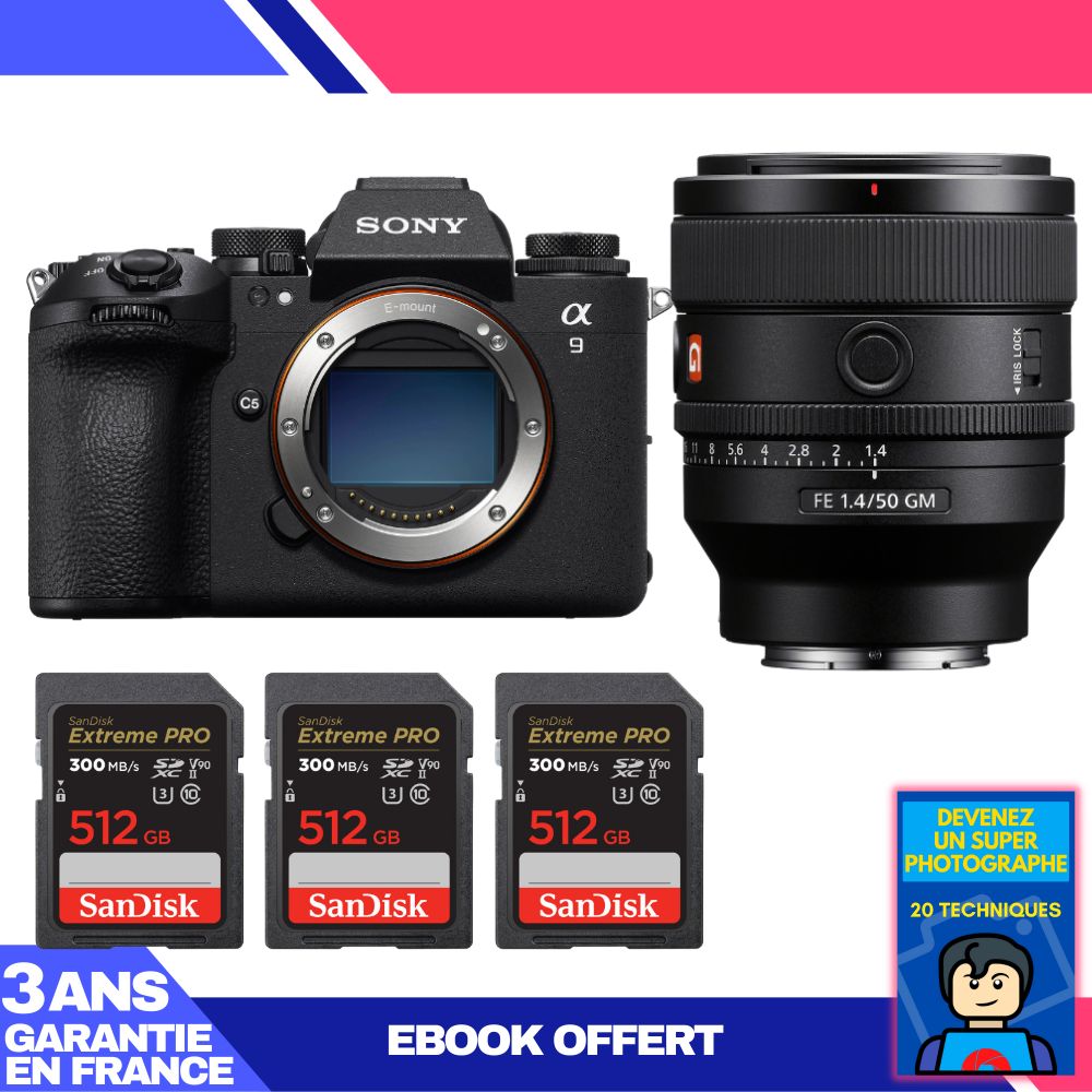 Boitier Sony A9 III + FE 50mm f1.4 GM + 3 SanDisk Extreme PRO UHS II SDXC 300 MB/ + Ebook 'Devenez Un Super Photographe