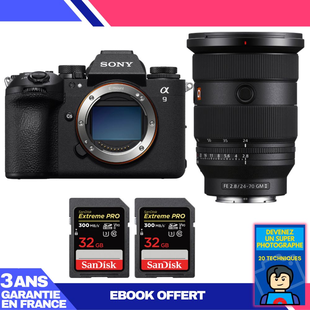 Boitier Sony A9 III + FE 24 70mm f2.8 GM II + 2 SanDisk Extreme PRO UHS II SDXC 300 MB/ + Ebook 'Devenez Un Super Photographe
