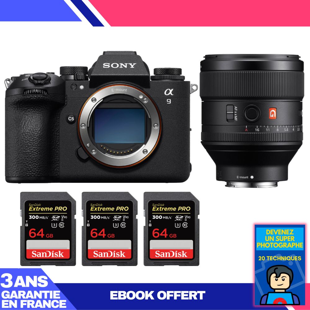 Boitier Sony A9 III + FE 85mm f1.4 GM + 3 SanDisk Extreme PRO UHS II SDXC 300 MB/ + Ebook 'Devenez Un Super Photographe