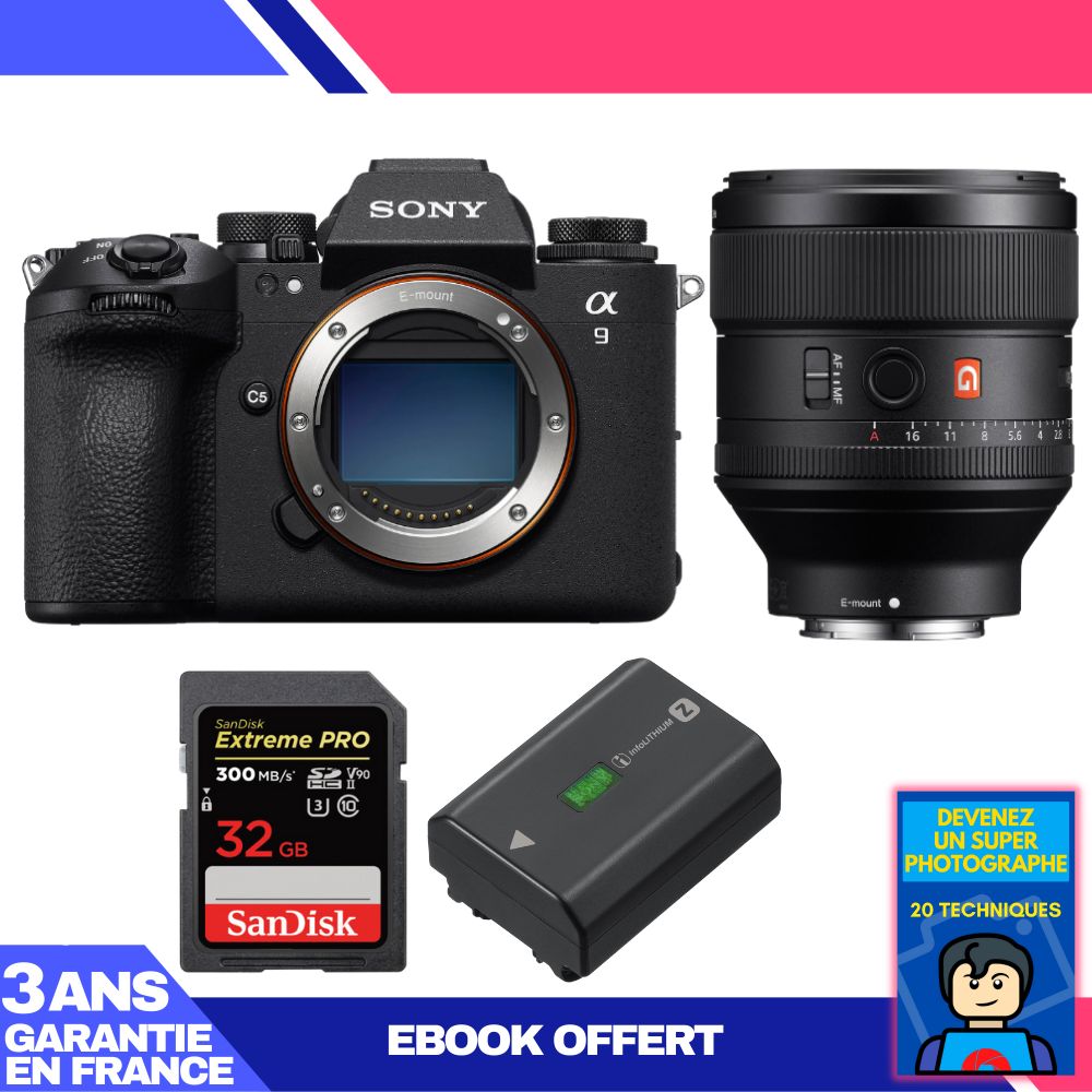 Boitier Sony A9 III + FE 85mm f1.4 GM + 1 SanDisk Extreme PRO UHS II SDXC 300 MB/ + 1 Sony NP FZ100 + Ebook 'Devenez Un Super Photographe