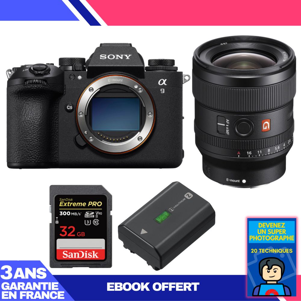 Boitier Sony A9 III + FE 24mm f1.4 GM + 1 SanDisk Extreme PRO UHS II SDXC 300 MB/ + 1 Sony NP FZ100 + Ebook 'Devenez Un Super Photographe