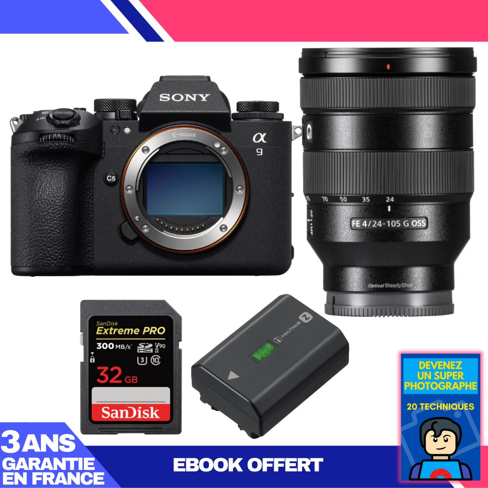 Boitier Sony A9 III + FE 24 105mm f4 G OSS + 1 SanDisk Extreme PRO UHS II SDXC 300 MB/ + 1 Sony NP FZ100 + Ebook 'Devenez Un Super Photographe