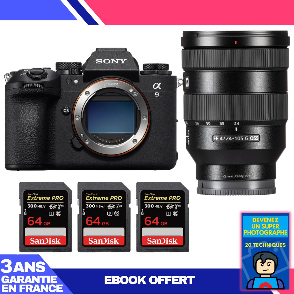 Boitier Sony A9 III + FE 24 105mm f4 G OSS + 3 SanDisk Extreme PRO UHS II SDXC 300 MB/ + Ebook 'Devenez Un Super Photographe