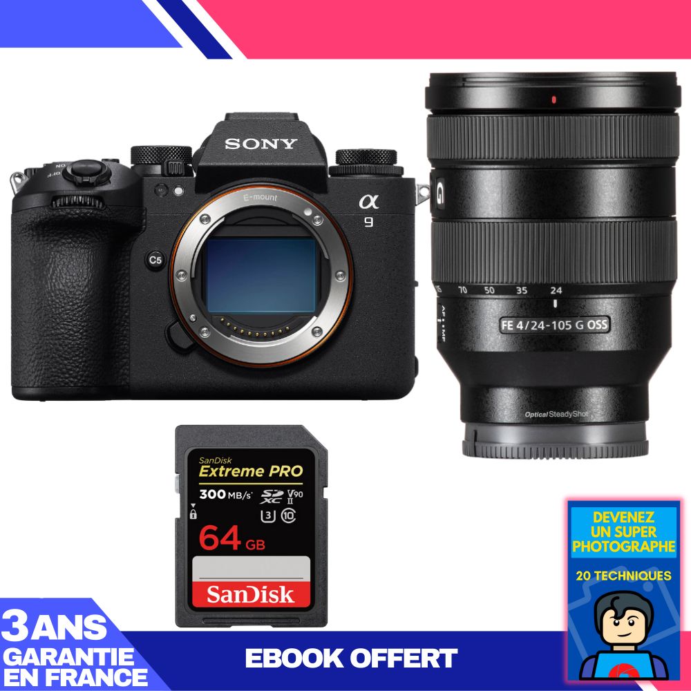 Boitier Sony A9 III + FE 24 105mm f4 G OSS + 1 SanDisk Extreme PRO UHS II SDXC 300 MB/ + Ebook 'Devenez Un Super Photographe